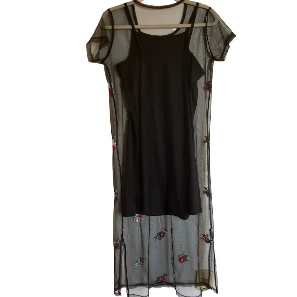 Art Class Girls XL Black Floral Embroidered Mesh Maxi Dress Whimsigoth Y2K Fairy